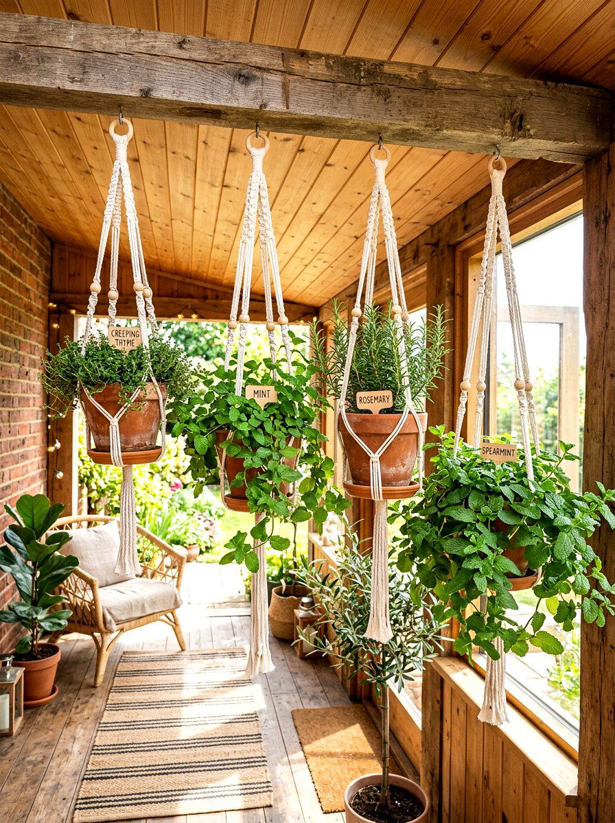 Hanging Basket Herb Display - 30 herb garden corner ideas
