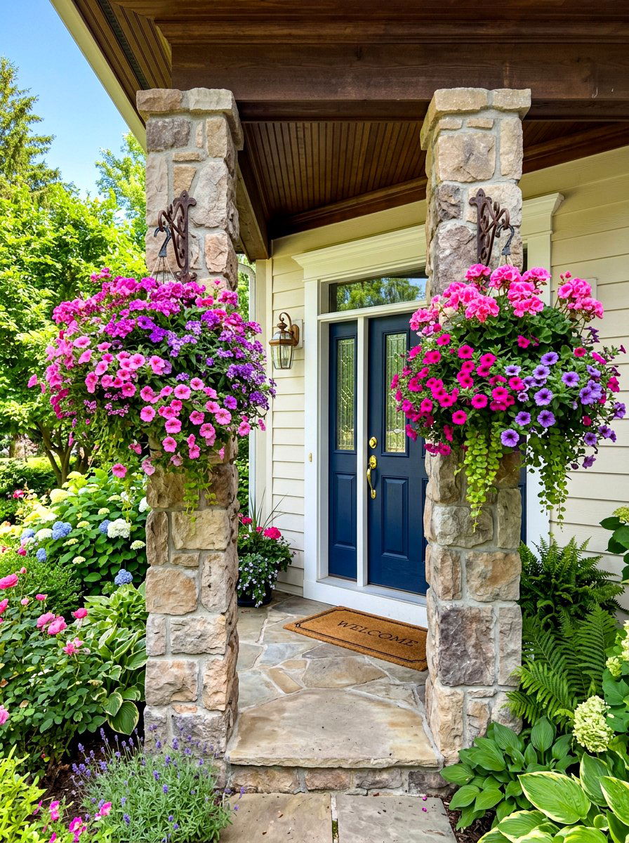 Hanging Basket Porch Display - 30 English cottage front porch ideas
