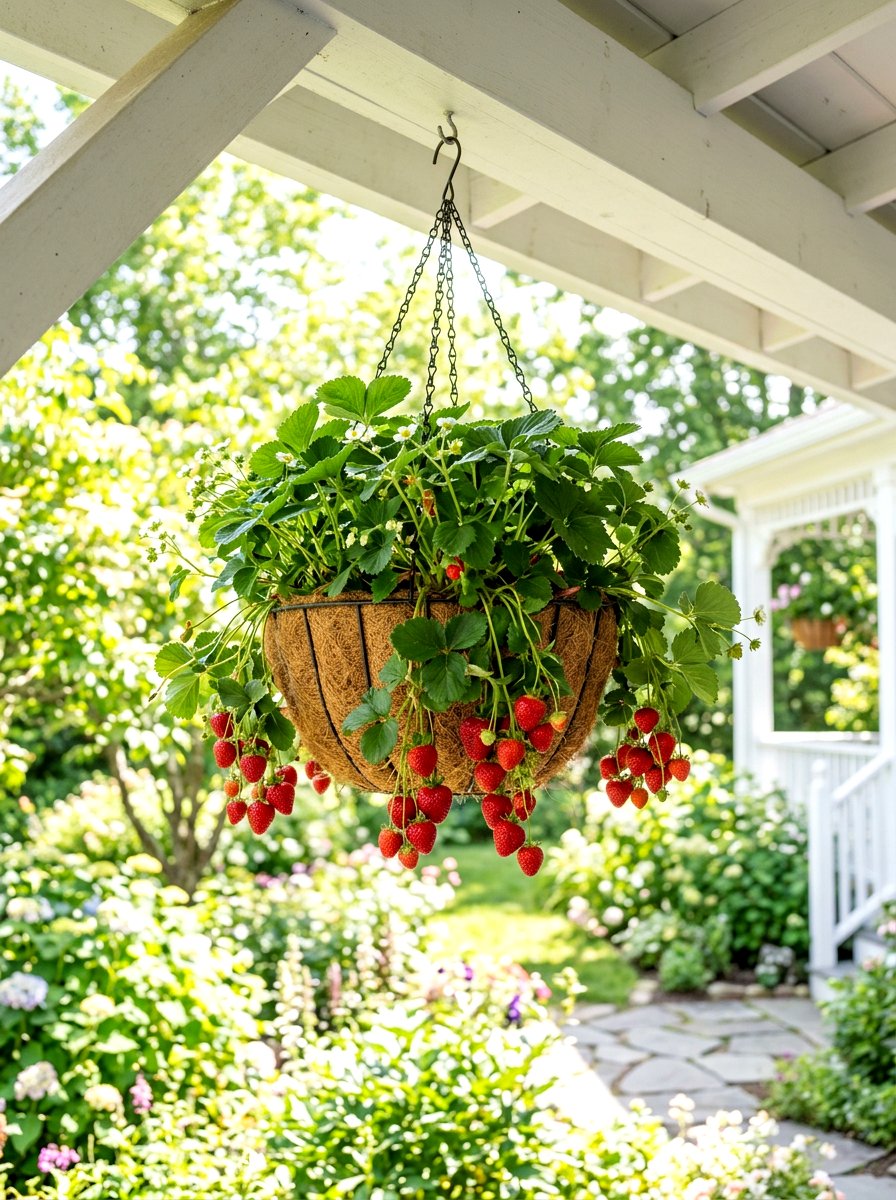 Hanging Basket Strawberry - 30 container vegetable garden ideas