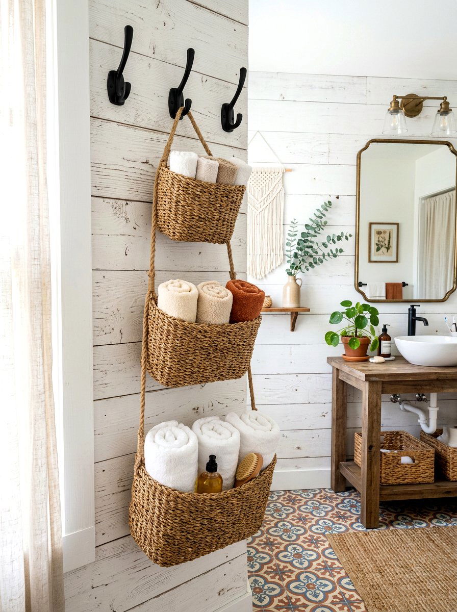 Hanging Basket Wall - 30 bathroom storage ideas