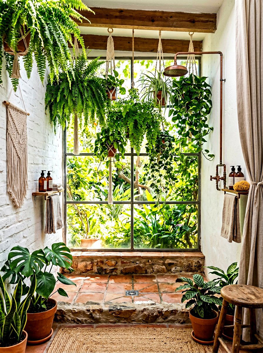 Hanging Bathroom Plants - 30 shower window privacy ideas