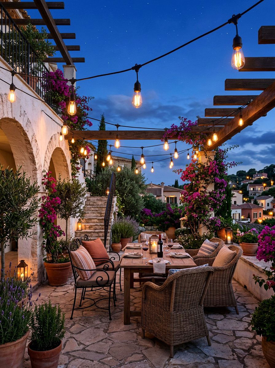 Hanging Bistro String Lights - 30 Tuscan revival patio ideas