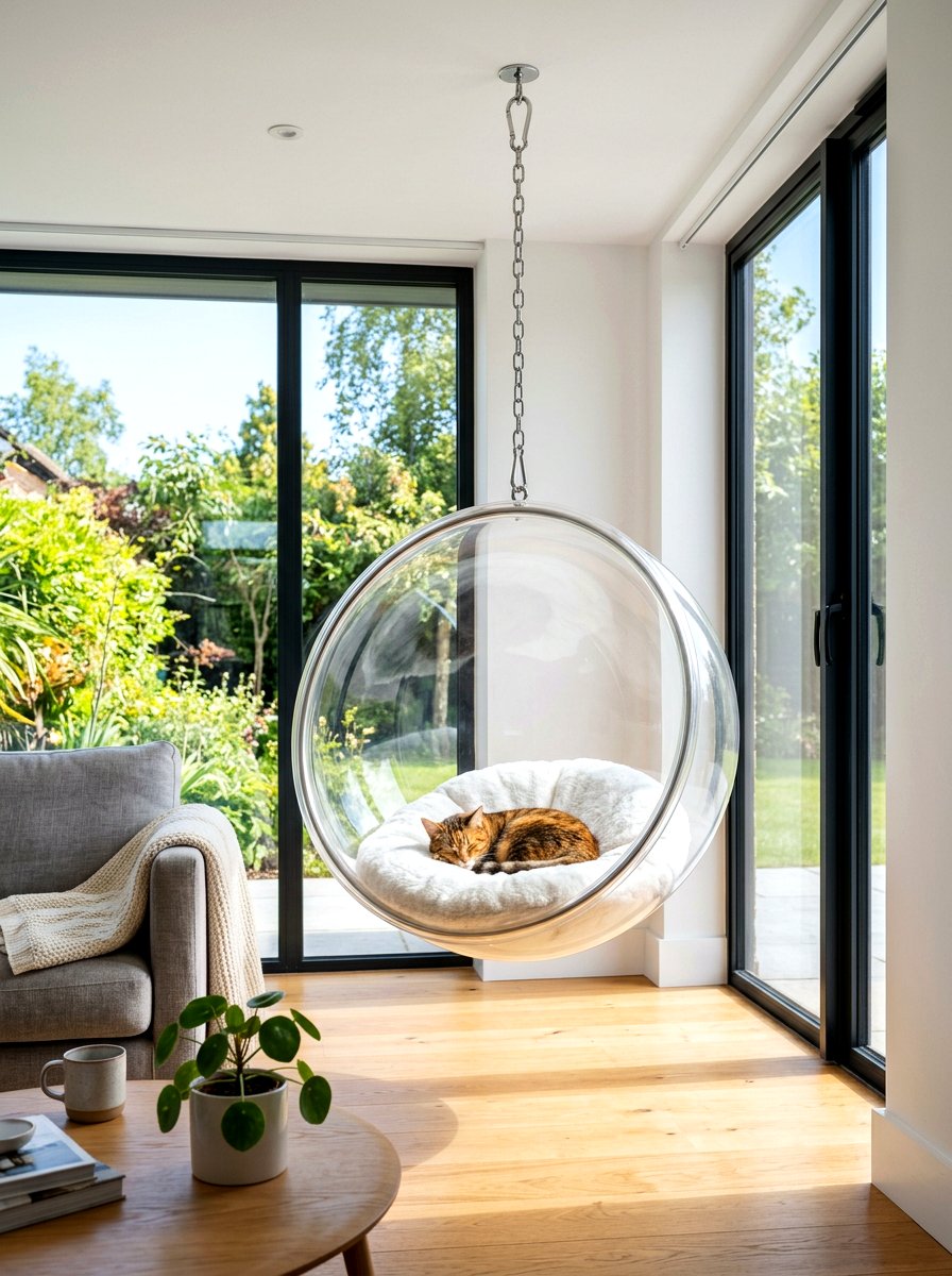 Hanging Bubble Cat Chair - 30 pet nook living room ideas