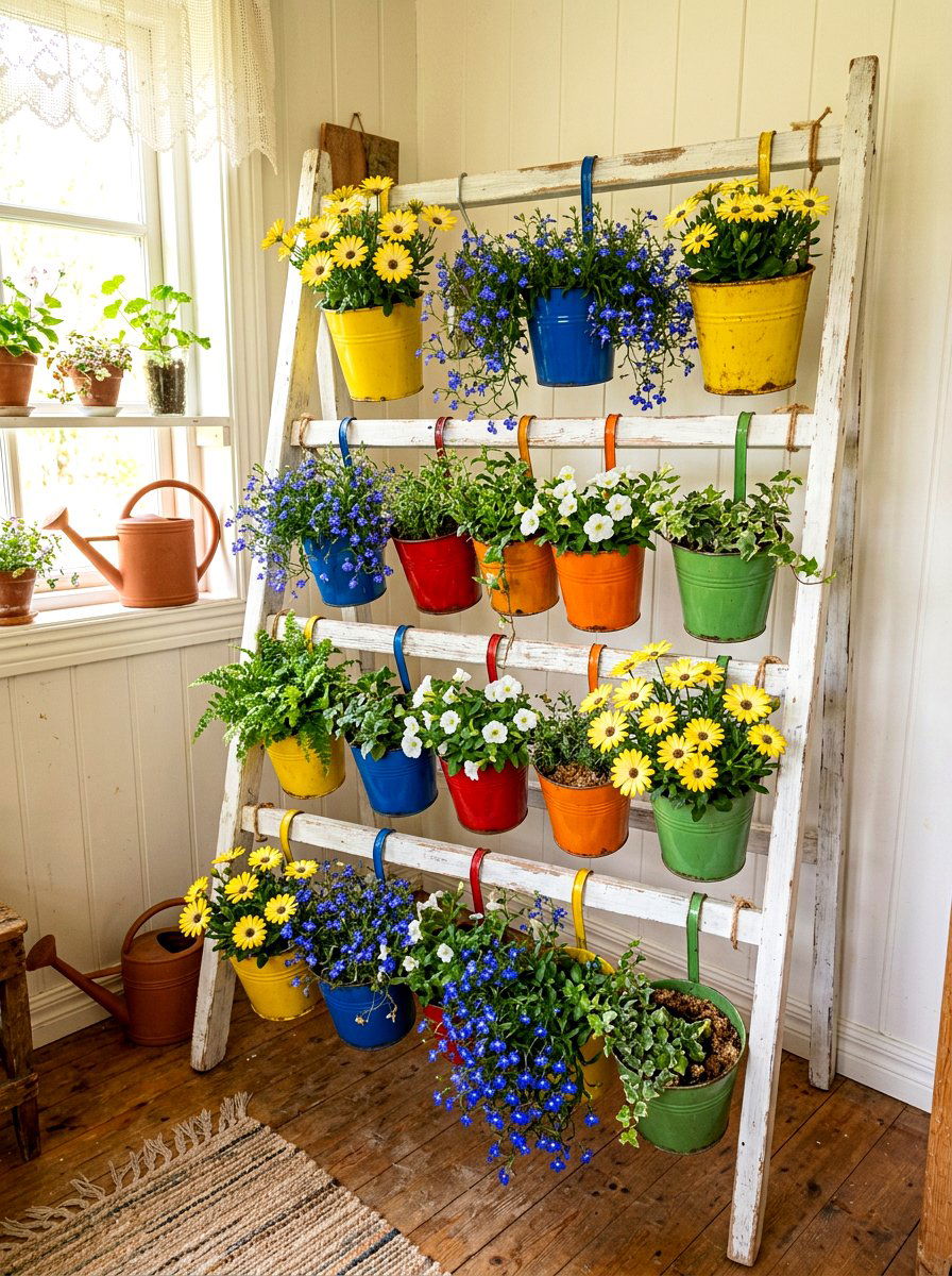 Hanging Bucket Garden Corner - 30 vertical garden corner ideas