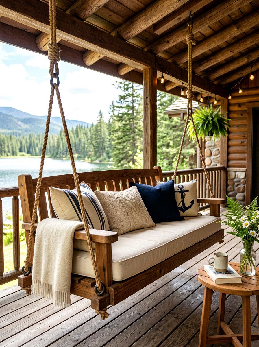 Hanging Cabin Porch Swing - 30 cabin front porch ideas