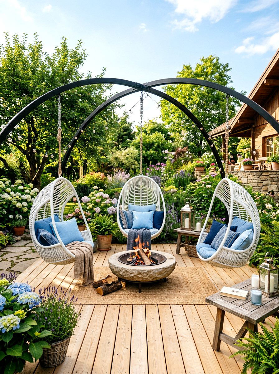 Hanging Chair Fire Pit Setup - 30 fire lounge backyard ideas