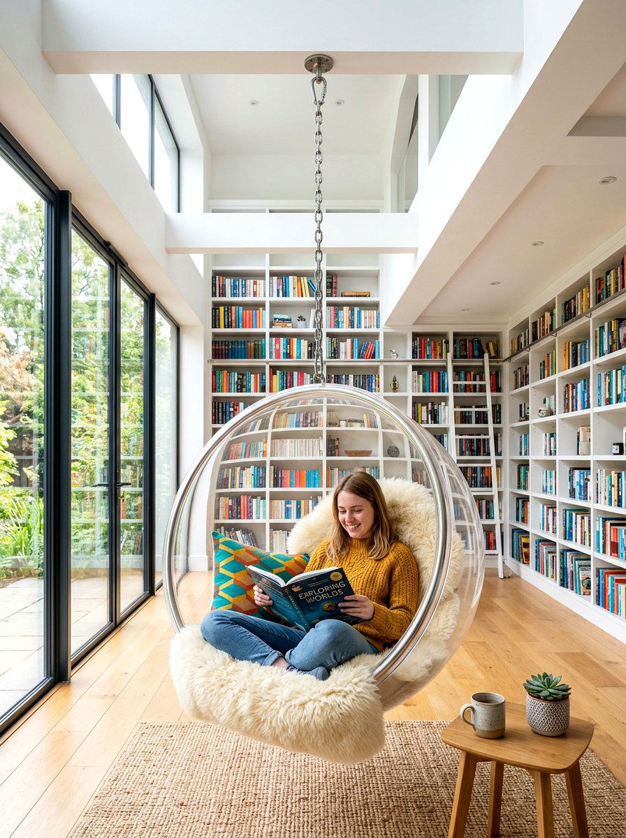 Hanging Chair Library - 30 kids reading nook ideas