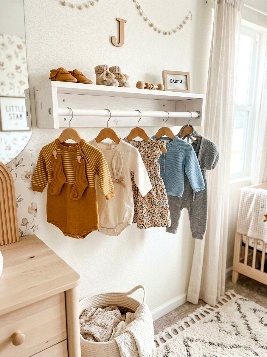 Hanging Clothes Shelf - 30 nursery shelf styling ideas