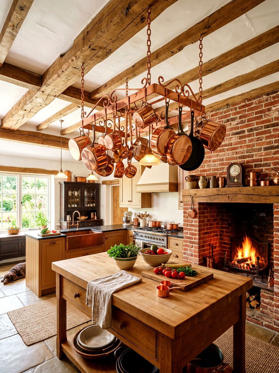 Hanging Copper Pot Rack - 30 vintage cottage kitchen ideas