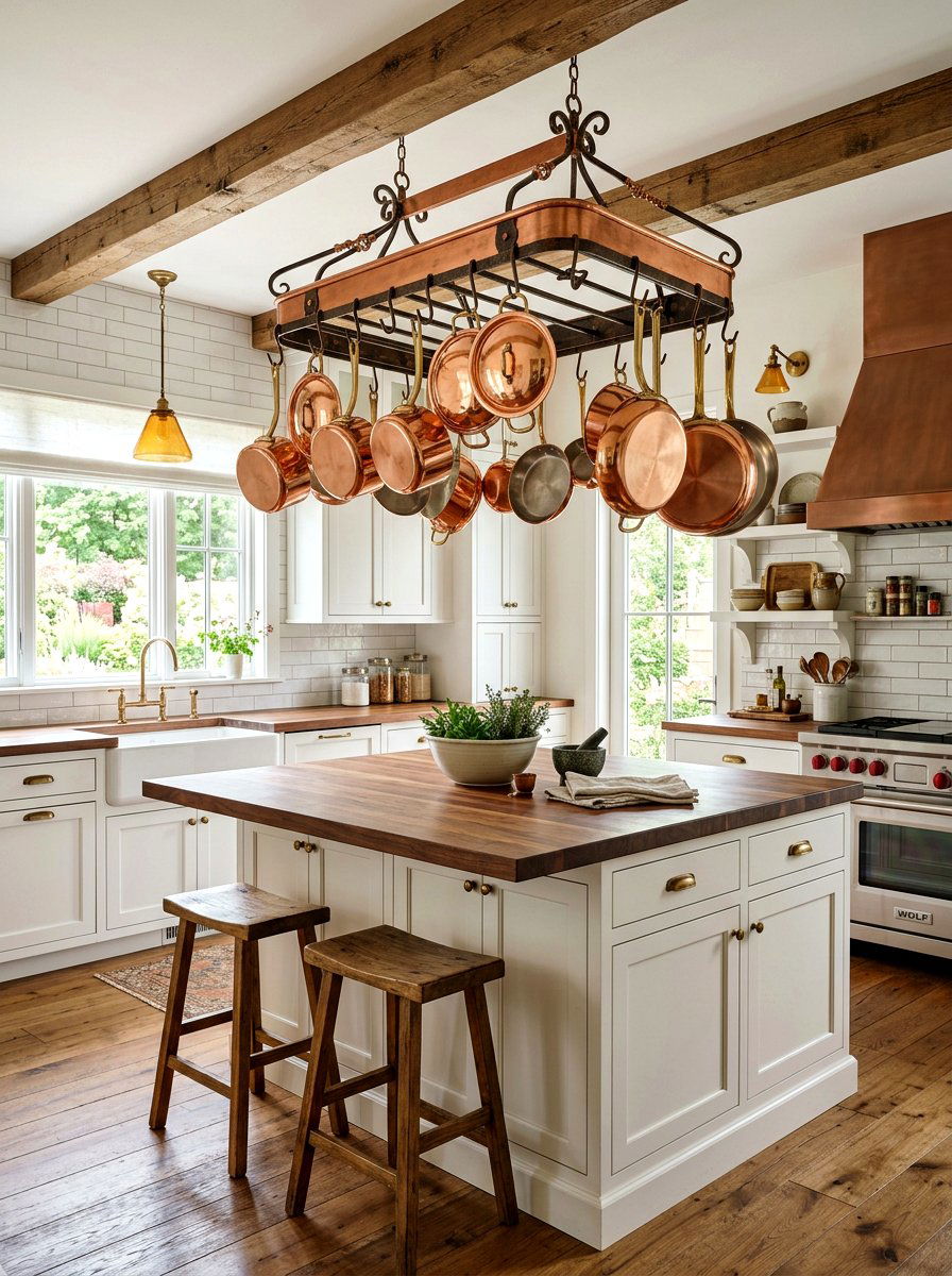 Hanging Copper Pot Rack - 30 English cottage kitchen ideas