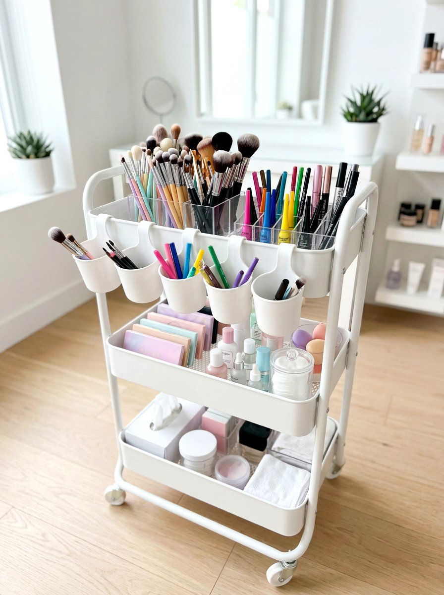Hanging Cups For Makeup Brushes And Eyeliners - 30 beauty cart organization ideas