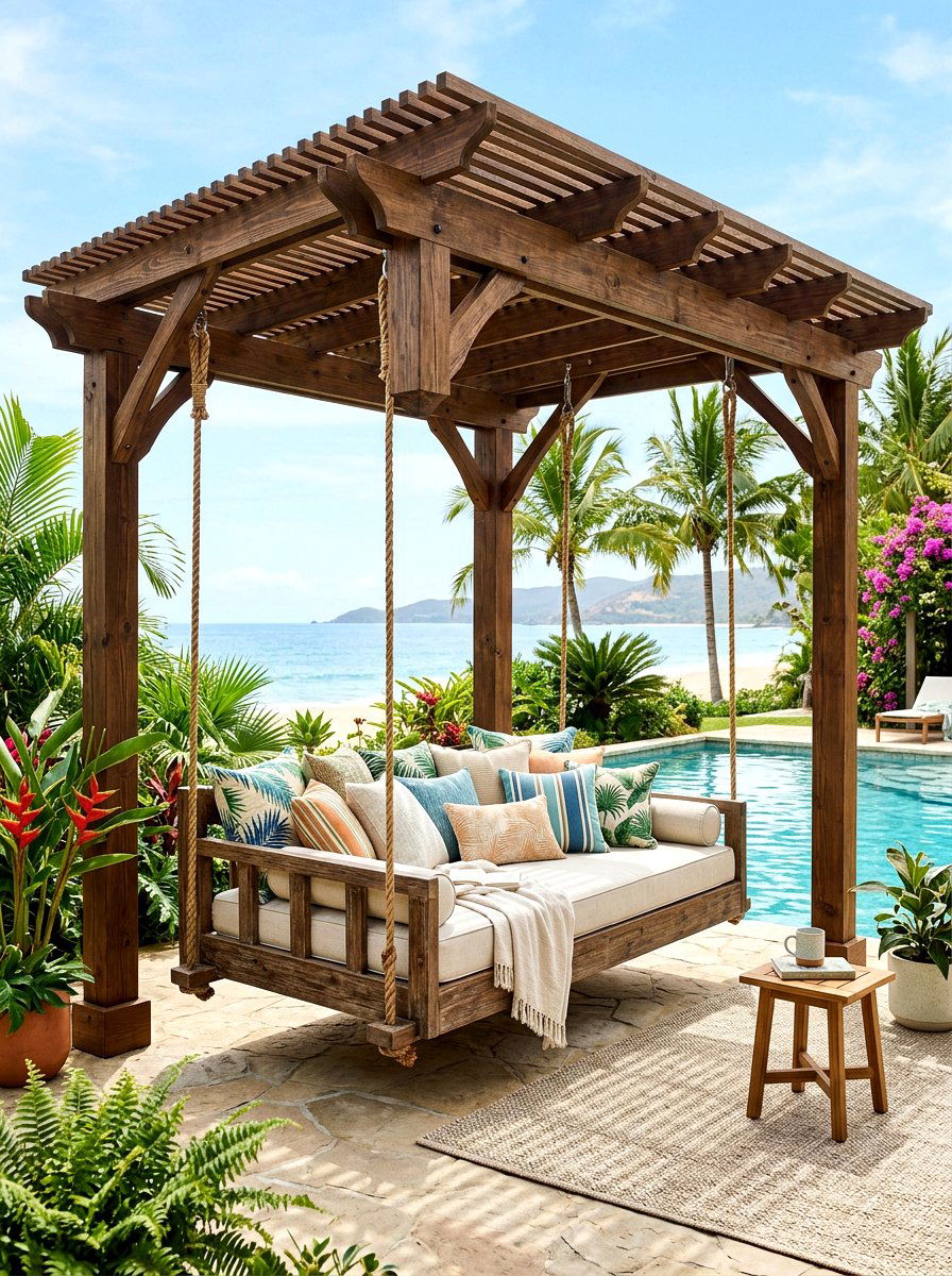 Hanging Daybed Poolside Pergola - 30 poolside pergola lounge ideas
