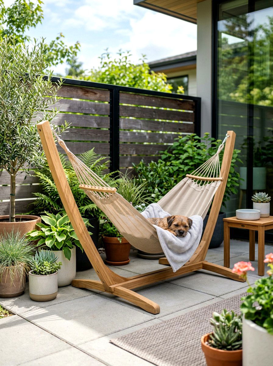 Hanging Dog Hammock - 30 dog friendly patio ideas aesthetic
