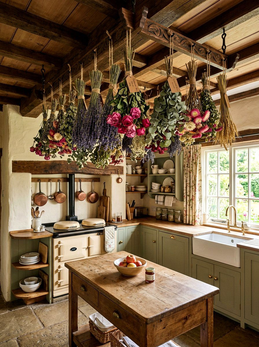 Hanging Dried Flower Bundles - 30 English cottage kitchen ideas