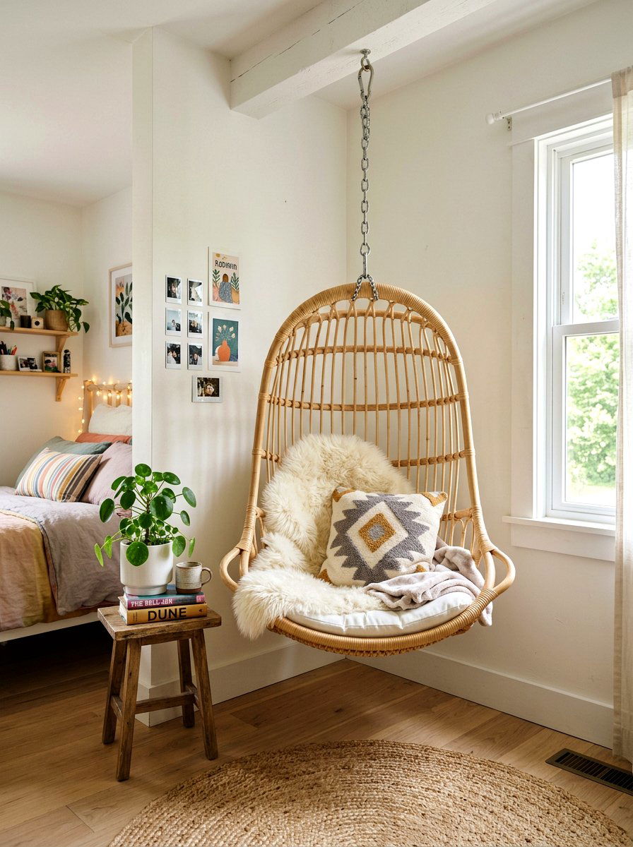 Hanging Egg Chair Corner - 30 boho teen room ideas
