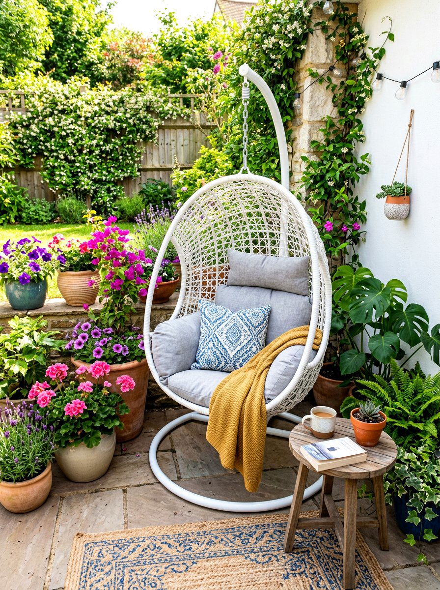 Hanging Egg Chair Nook - 30 patio cafe corner ideas
