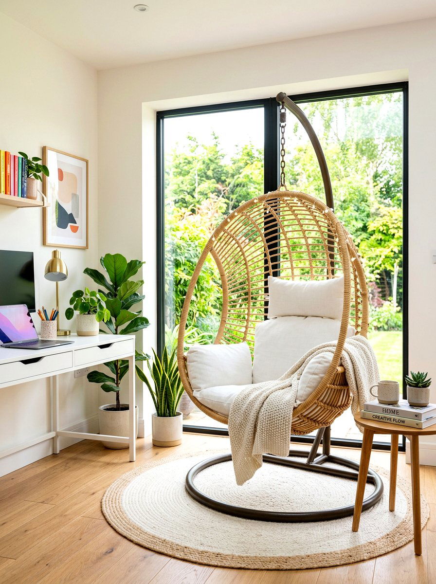 Hanging Egg Chair Nook - 30 office reading corner ideas