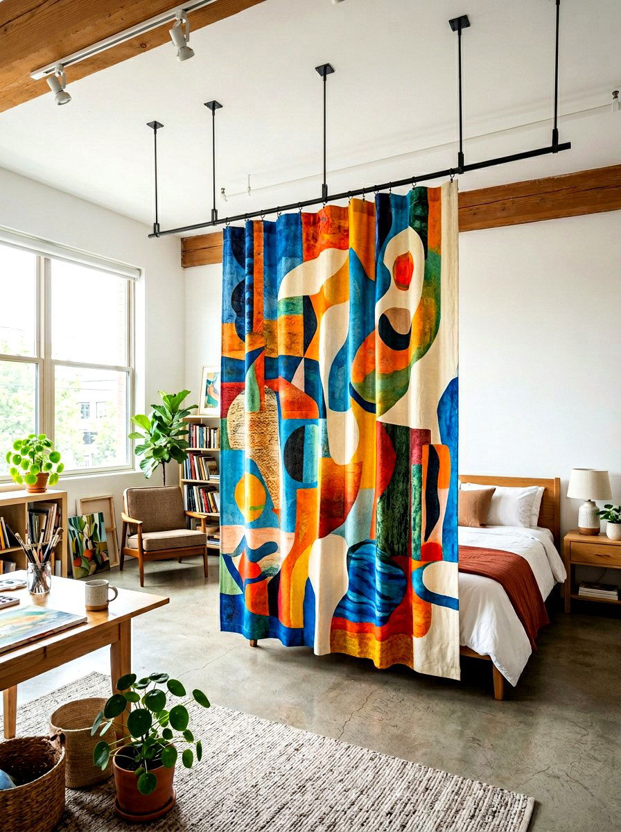 Hanging Fabric Panel - 30 studio apartment divider ideas
