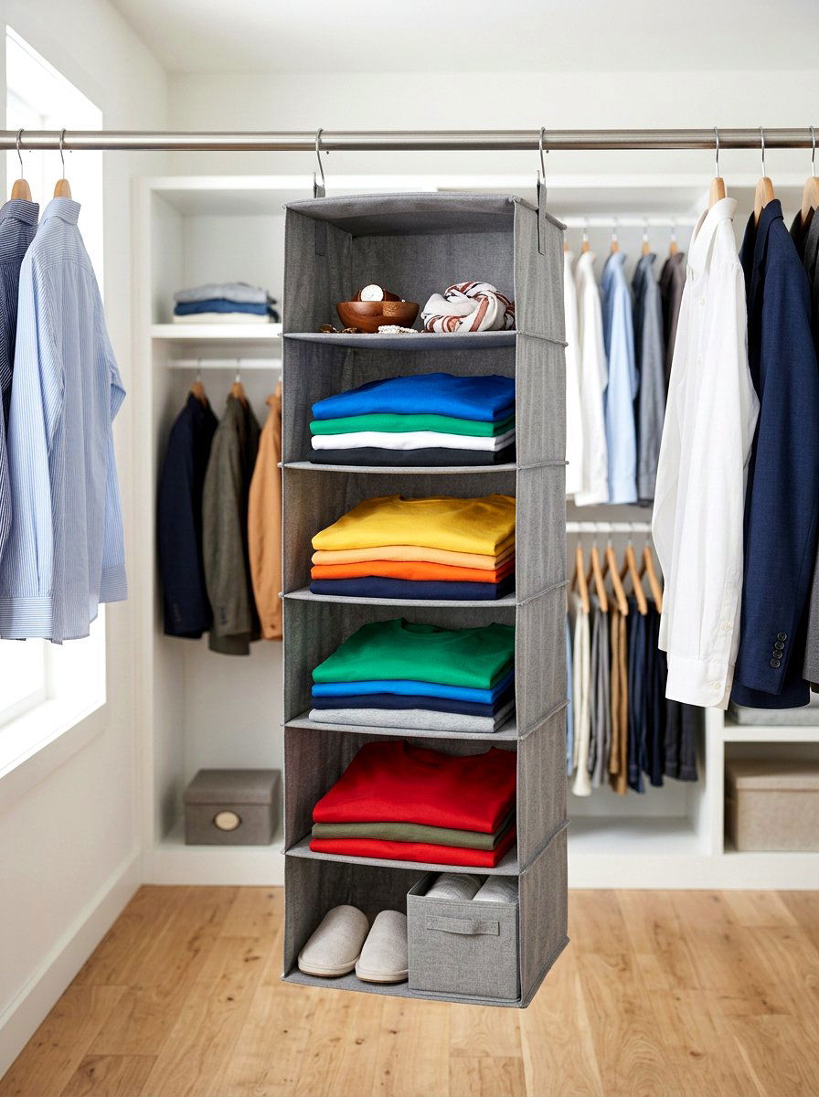 Hanging Fabric Shelves - 30 organizing small closets ideas