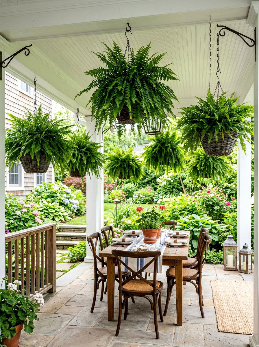 Hanging Fern Porch Setup - 30 Nancy Meyers outdoor dining ideas