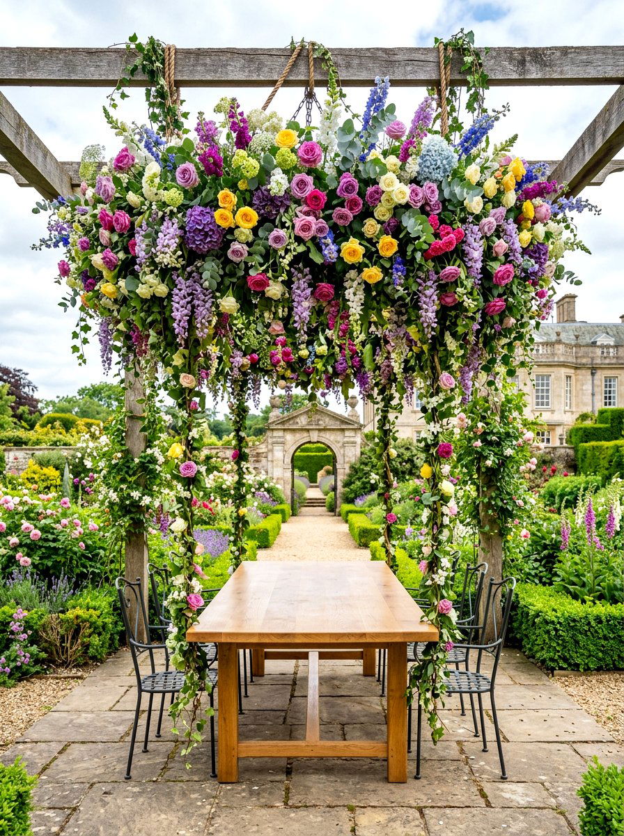 Hanging Floral Garden Table - 30 garden party table ideas