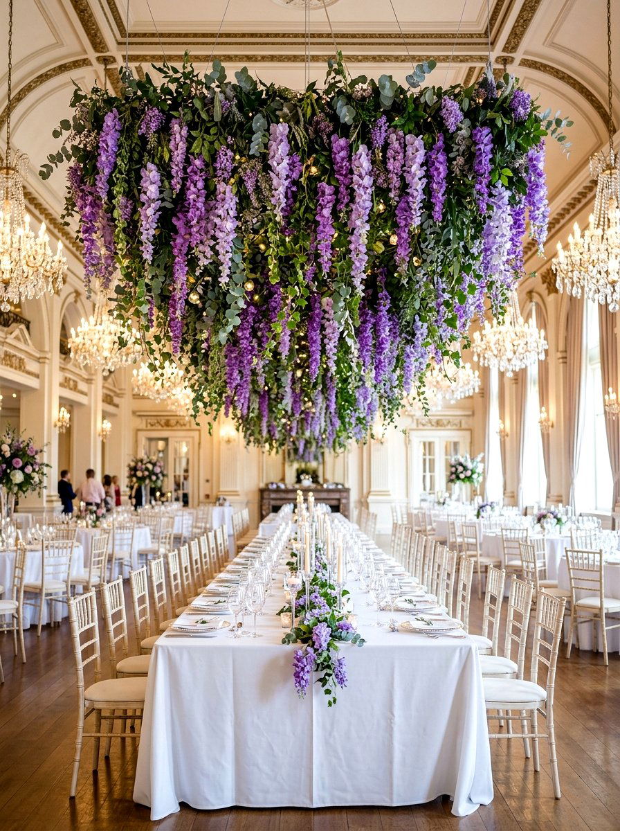 Hanging Floral Installation Table - 30 floral tablescape ideas