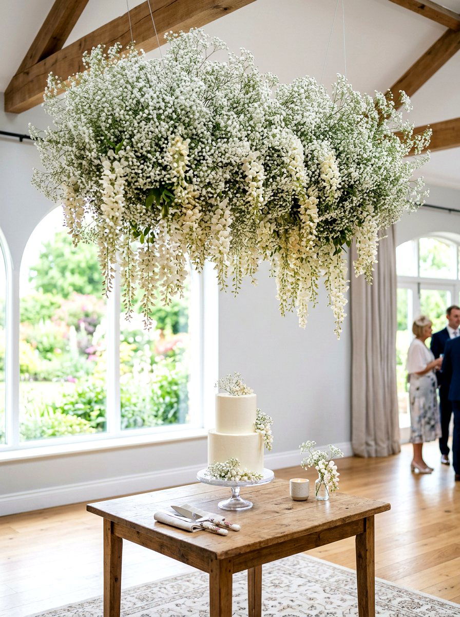 Hanging Floral Installation - 30 cake table decor ideas