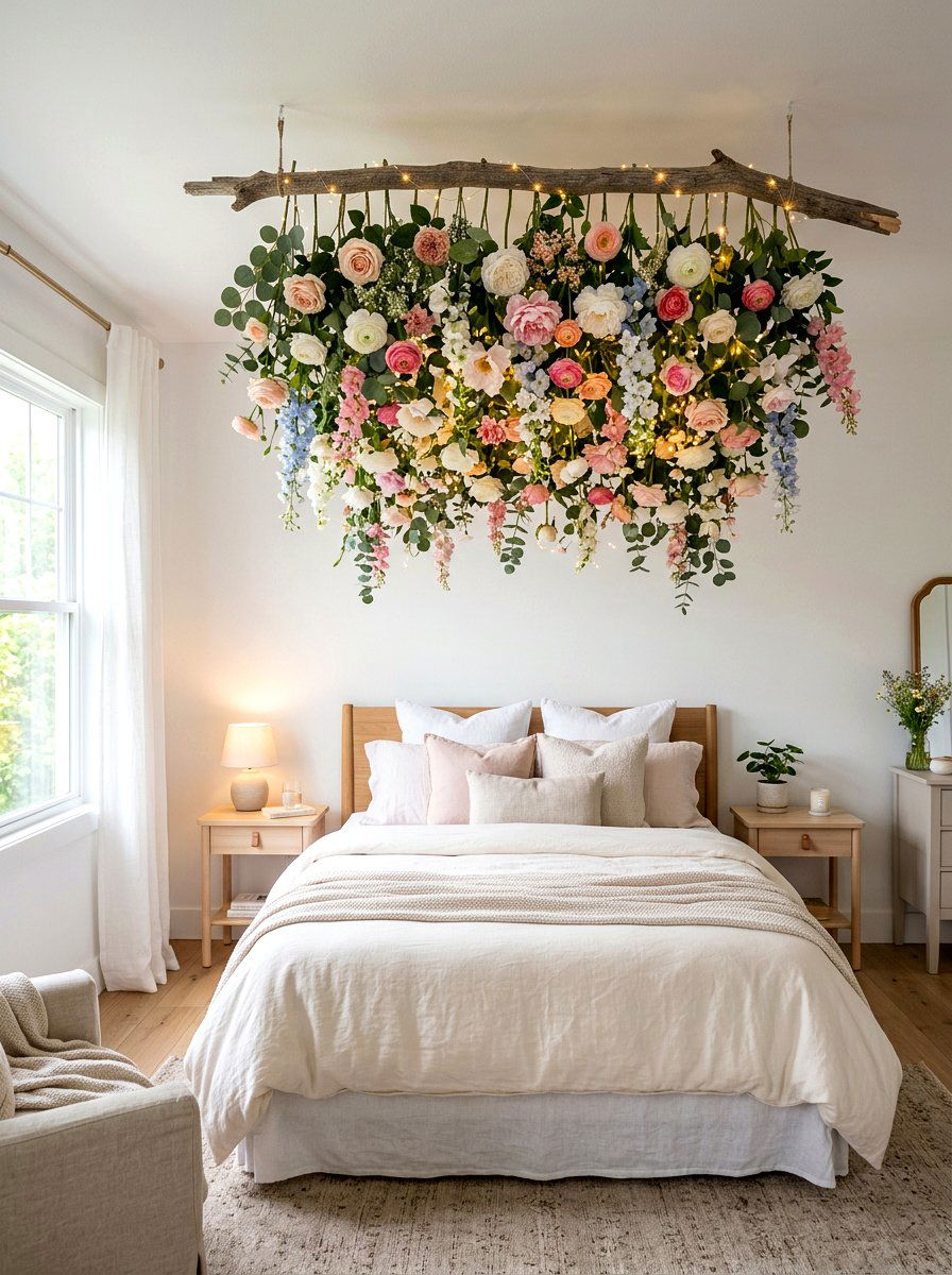 Hanging Flower Installation - 30 romantic floral bedroom ideas
