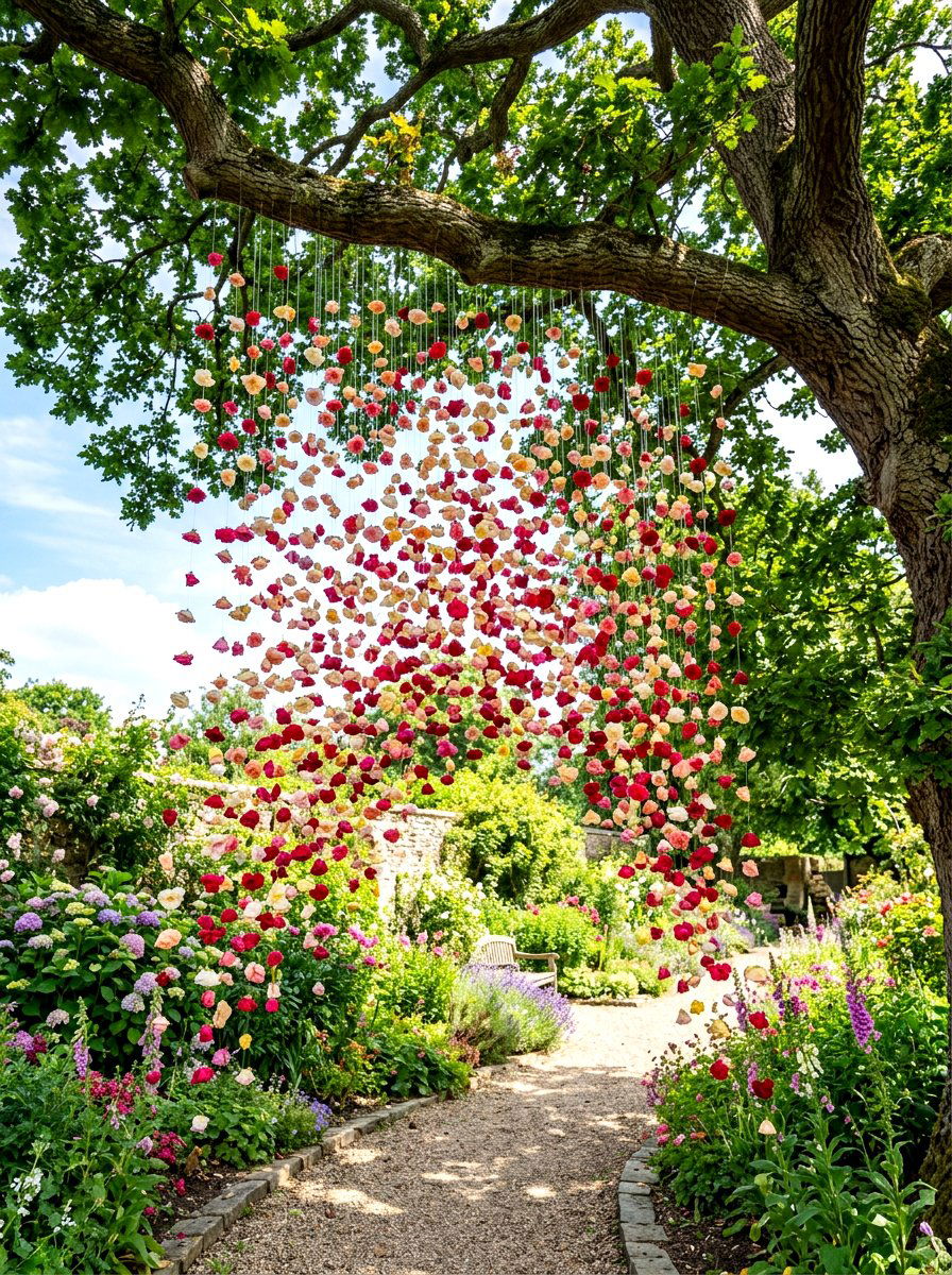 Hanging Flower Petal Installation - 30 cottage garden wedding ideas