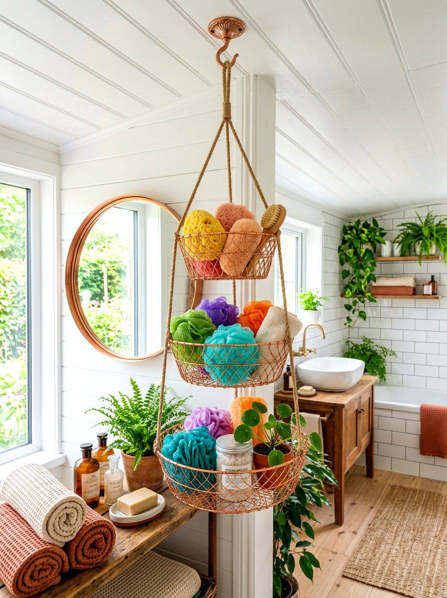Hanging Fruit Basket Bathroom Storage - 30 small rental bathroom ideas
