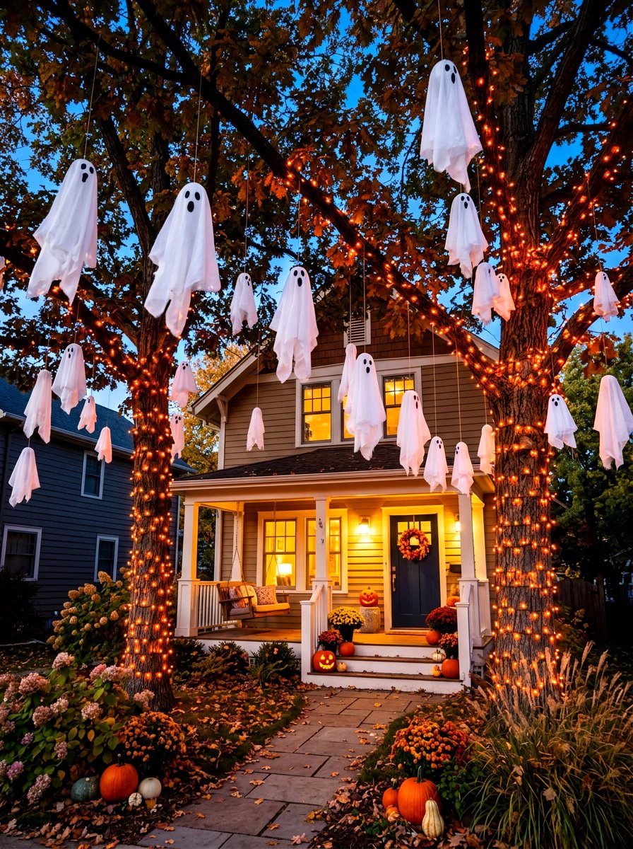 Hanging Ghost Porch Trees - 30 Halloween porch ideas