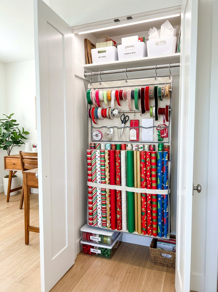 Hanging Gift Wrap Station - 30 seasonal decor storage ideas