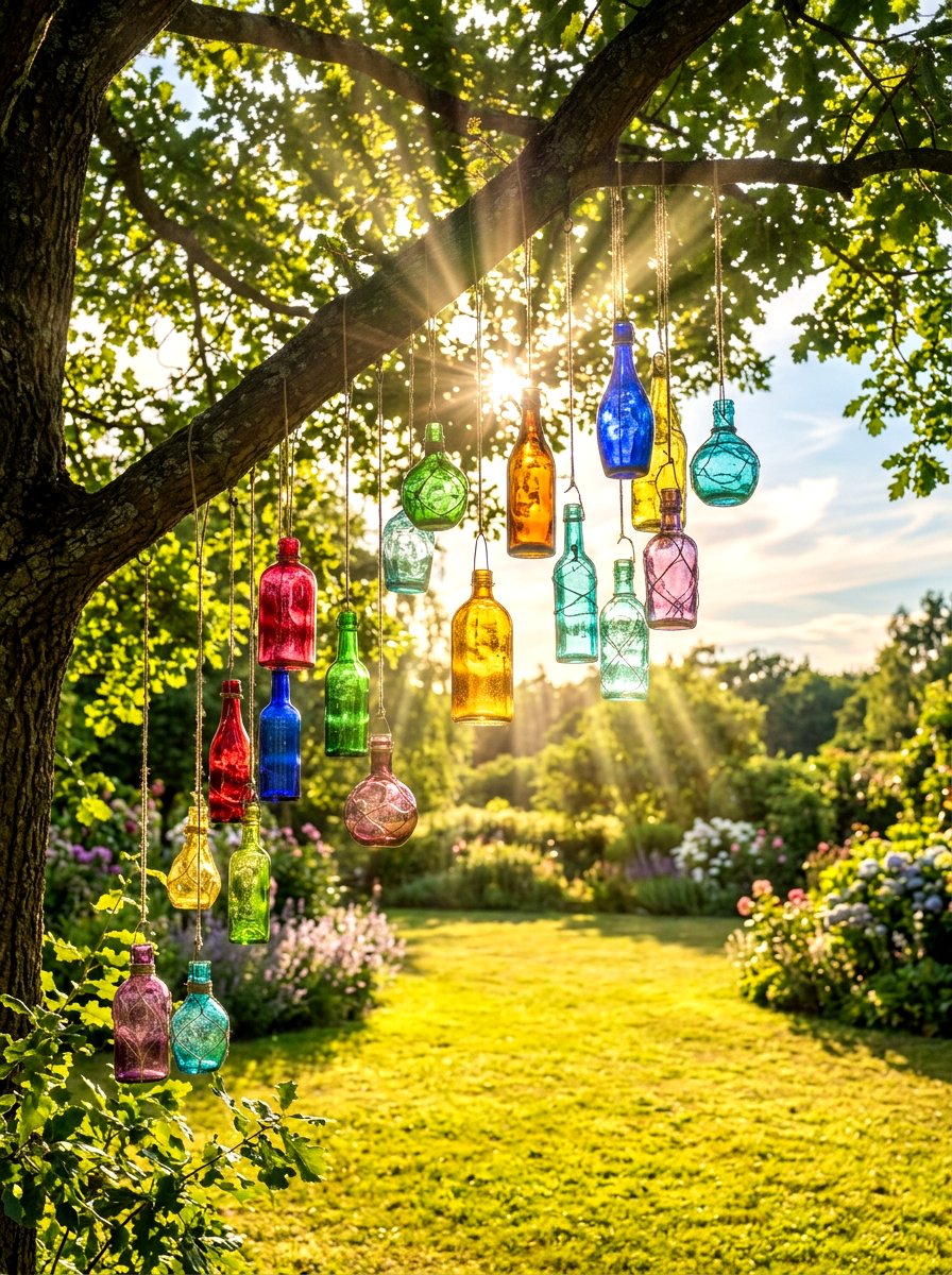 Hanging Glass Bottles - 30 colorful garden decor ideas