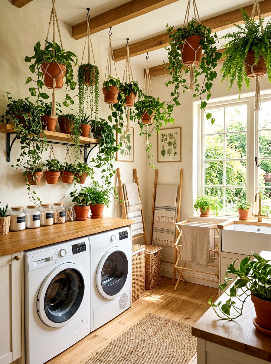 Hanging Greenery Plants - 30 laundry room wall decor ideas