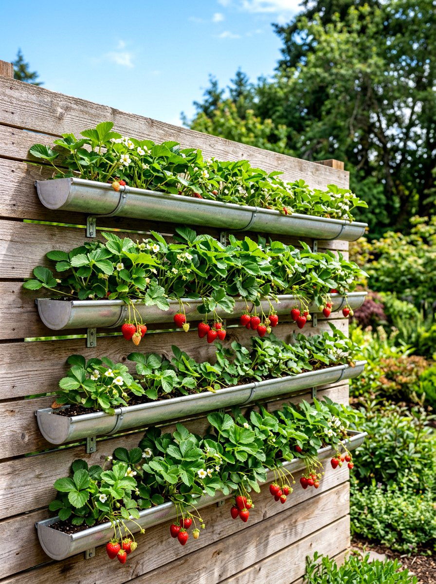 Hanging Gutter Garden - 30 vertical strawberry garden ideas