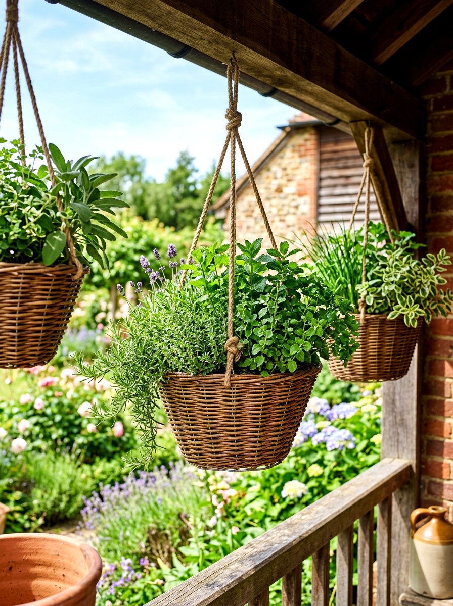 Hanging Herb Basket Display - 30 rustic herb garden ideas