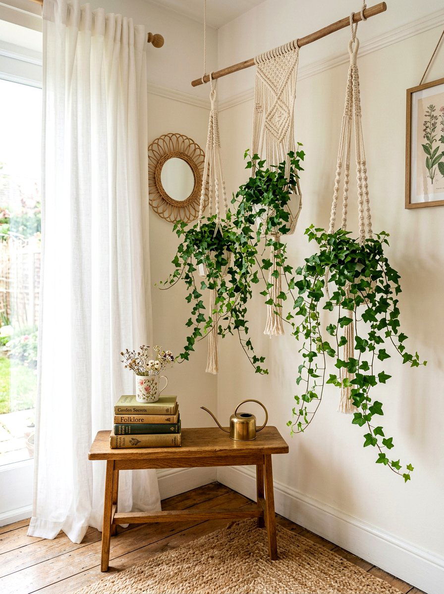 Hanging Ivy Corner Display - 30 corner plant living room ideas