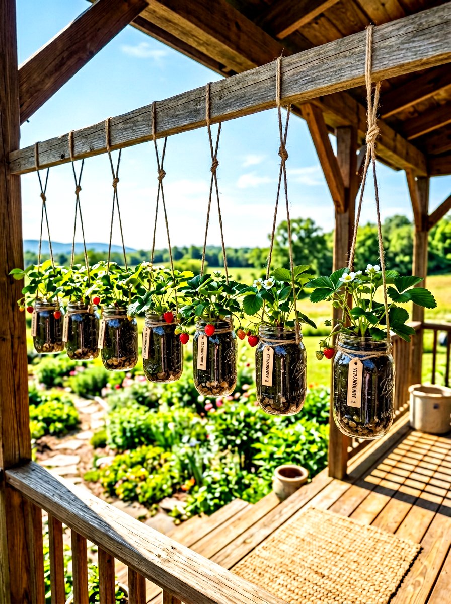 Hanging Jar Strawberry Setup - 30 vertical strawberry garden ideas