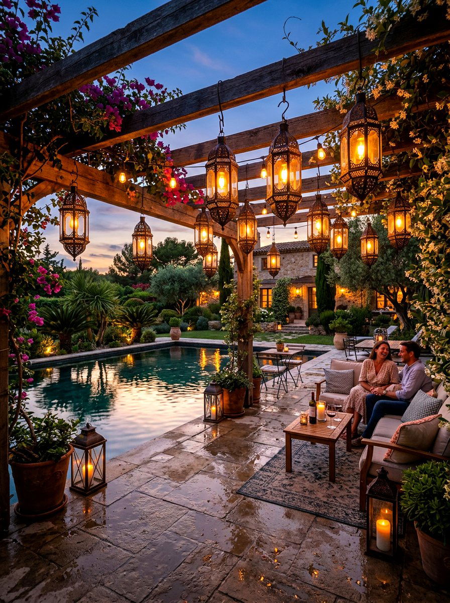 Hanging Lantern Lighting - 30 Mediterranean pool patio ideas