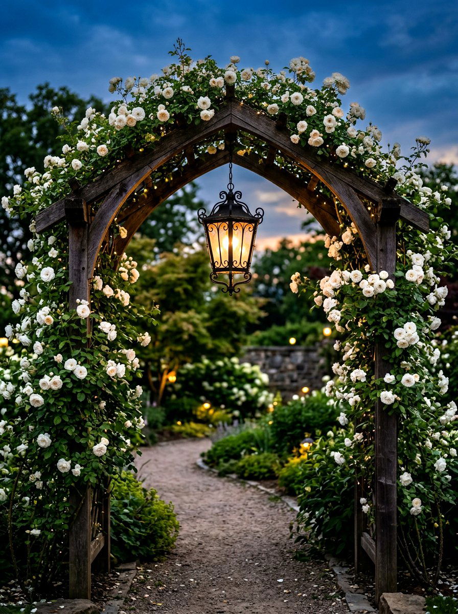 Hanging Lantern Rose Arch - 30 cottage rose arbor ideas