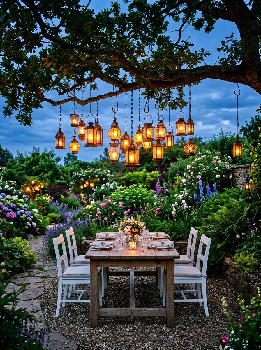 Hanging Lanterns Outdoor Dining - 30 candlelit garden dinner ideas