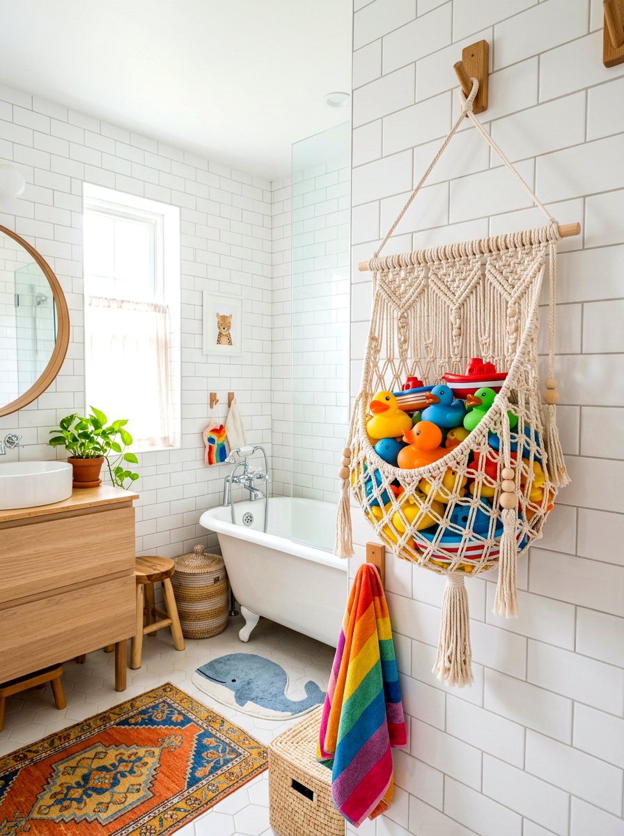 Hanging Macrame Bath Toy Basket - 30 bathroom basket storage ideas