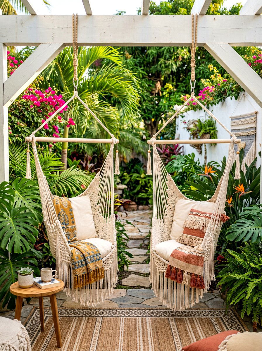 Hanging Macrame Chairs - 30 Mediterranean backyard lounge ideas
