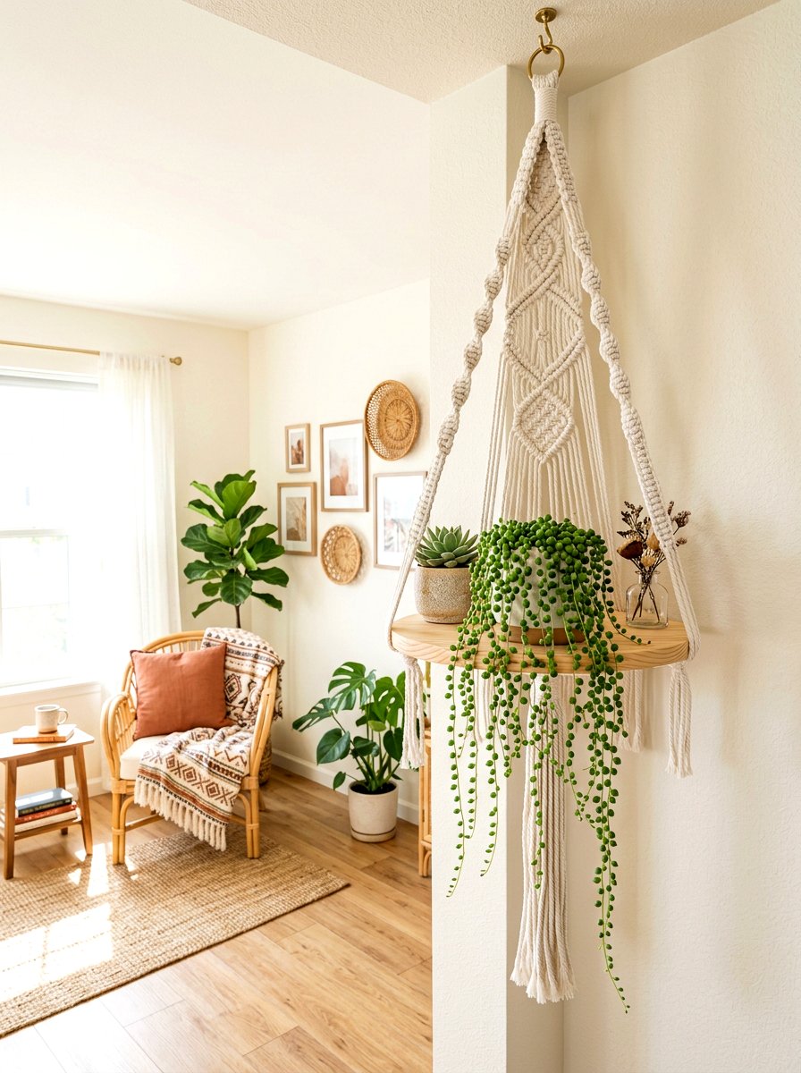 Hanging Macrame Corner Shelf - 30 living room corner shelf ideas