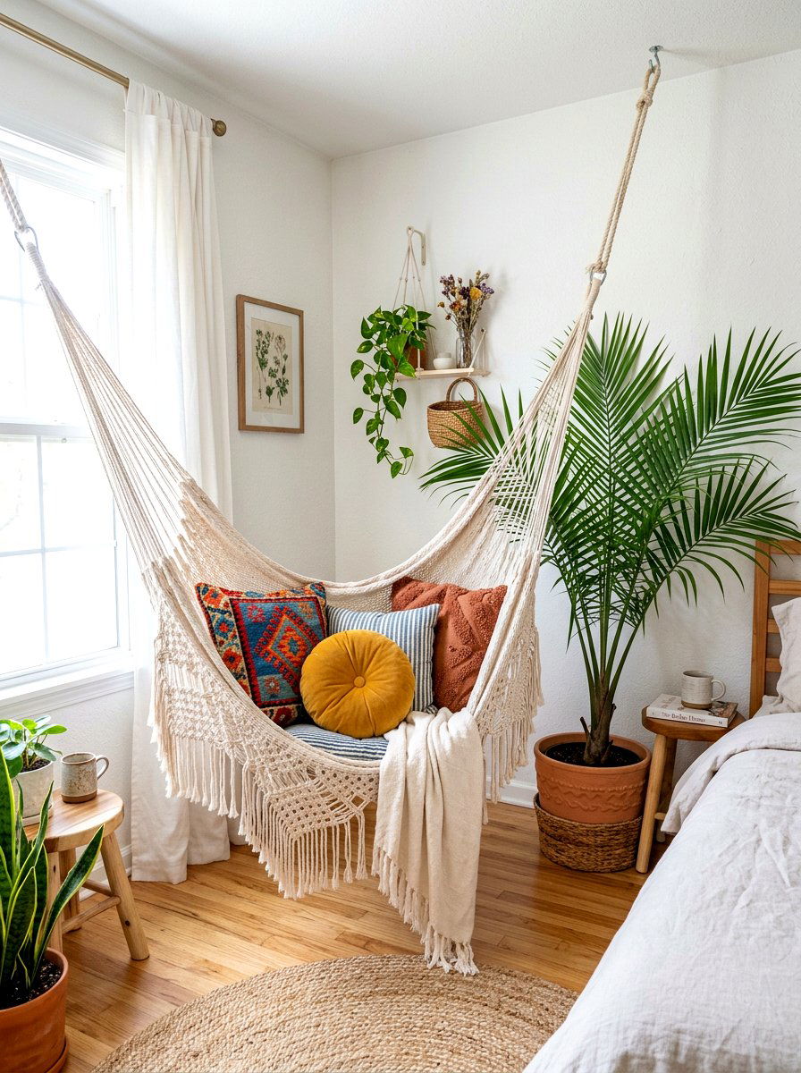 Hanging Macrame Hammock - 30 phone free bedroom ideas