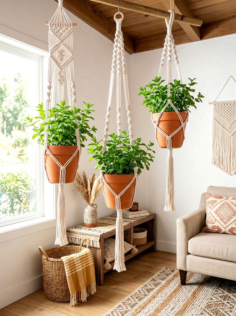 Hanging Macrame Herb Pots - 30 indoor herb garden ideas