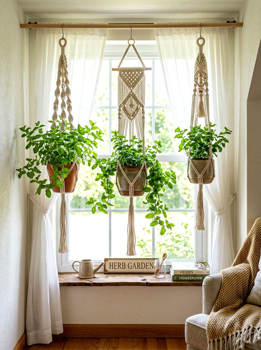 Hanging Macrame Herb Pots - 30 small herb garden ideas