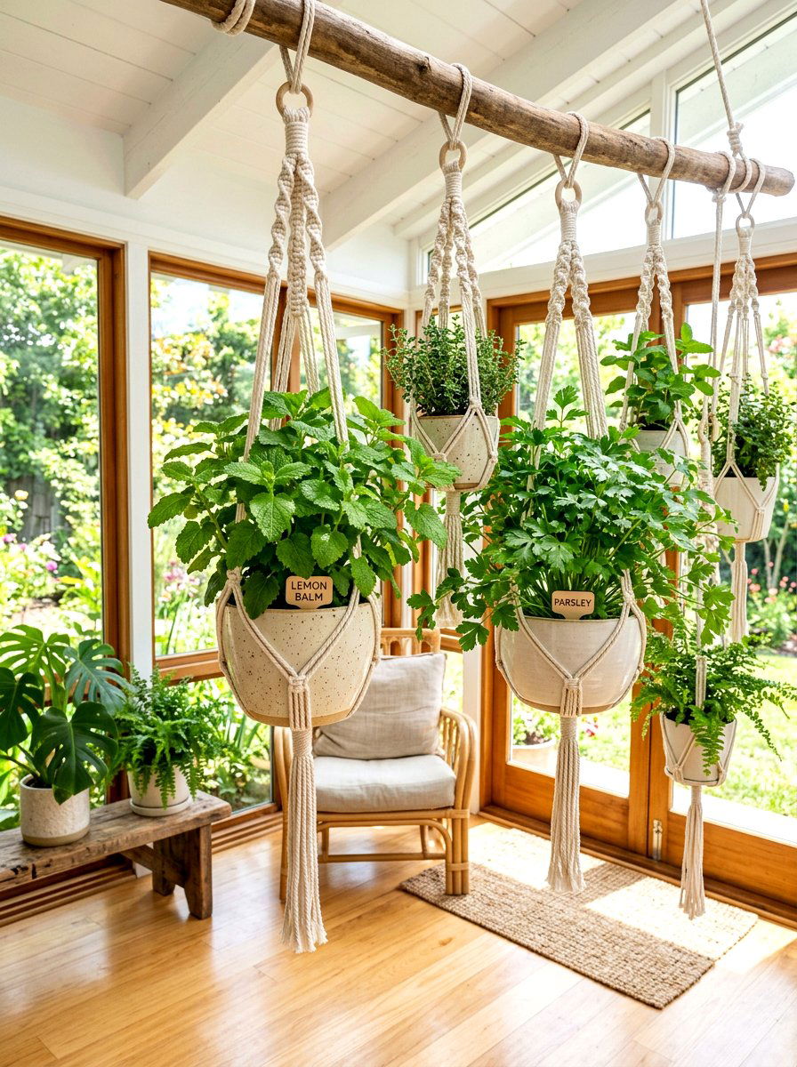 Hanging Macrame Herb Pots - 30 herb container garden ideas