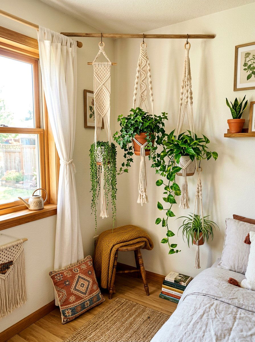 Hanging Macrame Plant Corner - 30 vertical garden corner ideas
