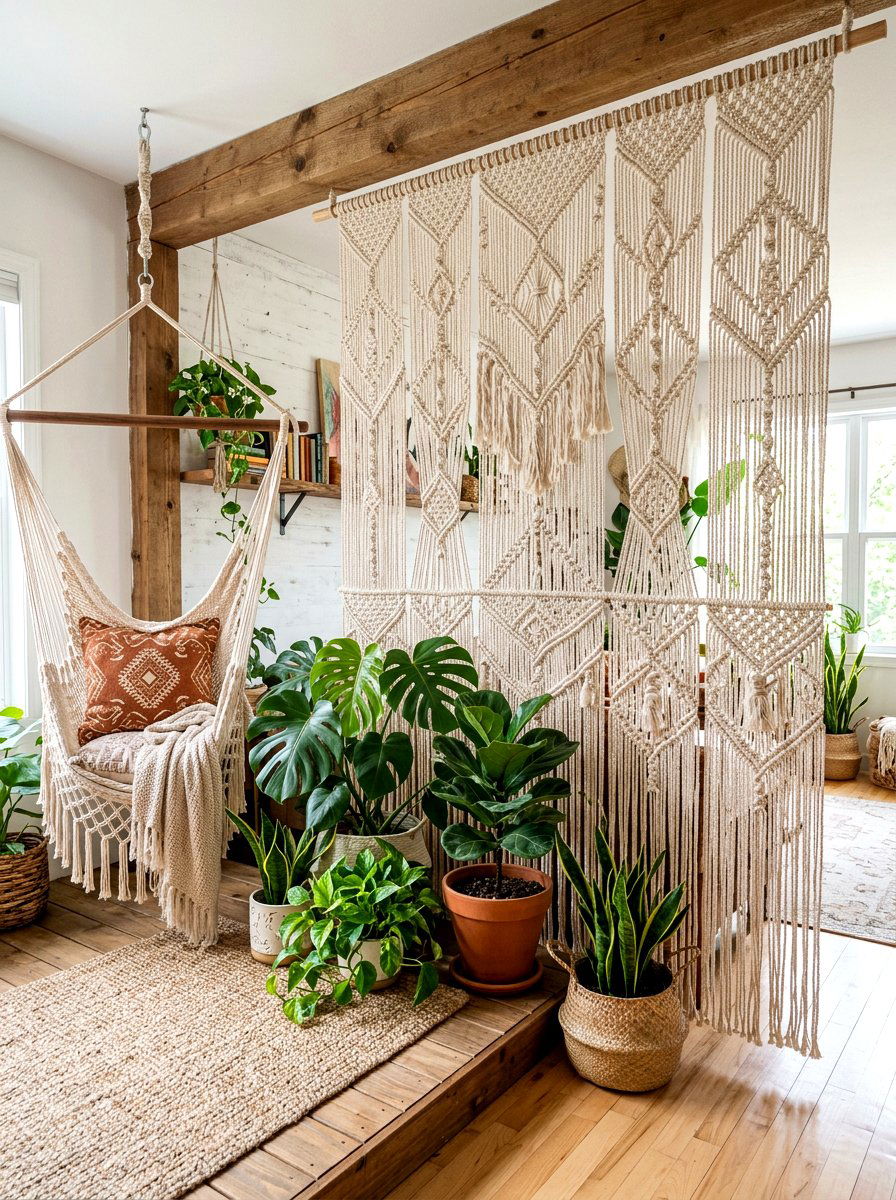 Hanging Macrame Rope Screen - 30 deck partition ideas